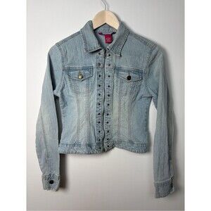 Y2K SO Denim Jean Jacket Light Wash Zip Front Grommets Sz S